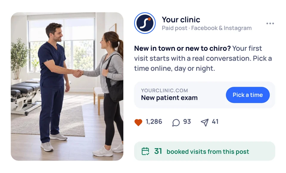 A Facebook and Instagram ad for a funeral home, with a booking button and the meetings it brought in