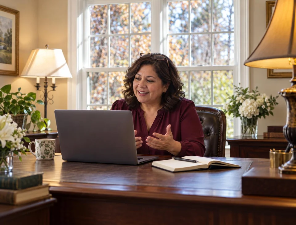 A funeral home owner talks with our team on a video call at her desk.