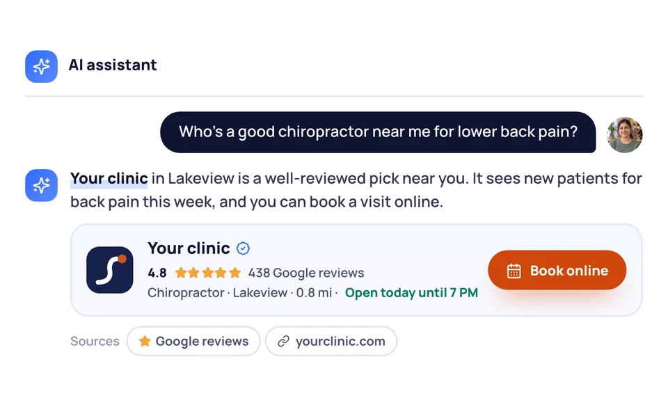 An AI assistant asked for a good funeral home nearby names yours, with its rating, hours and a Book online link