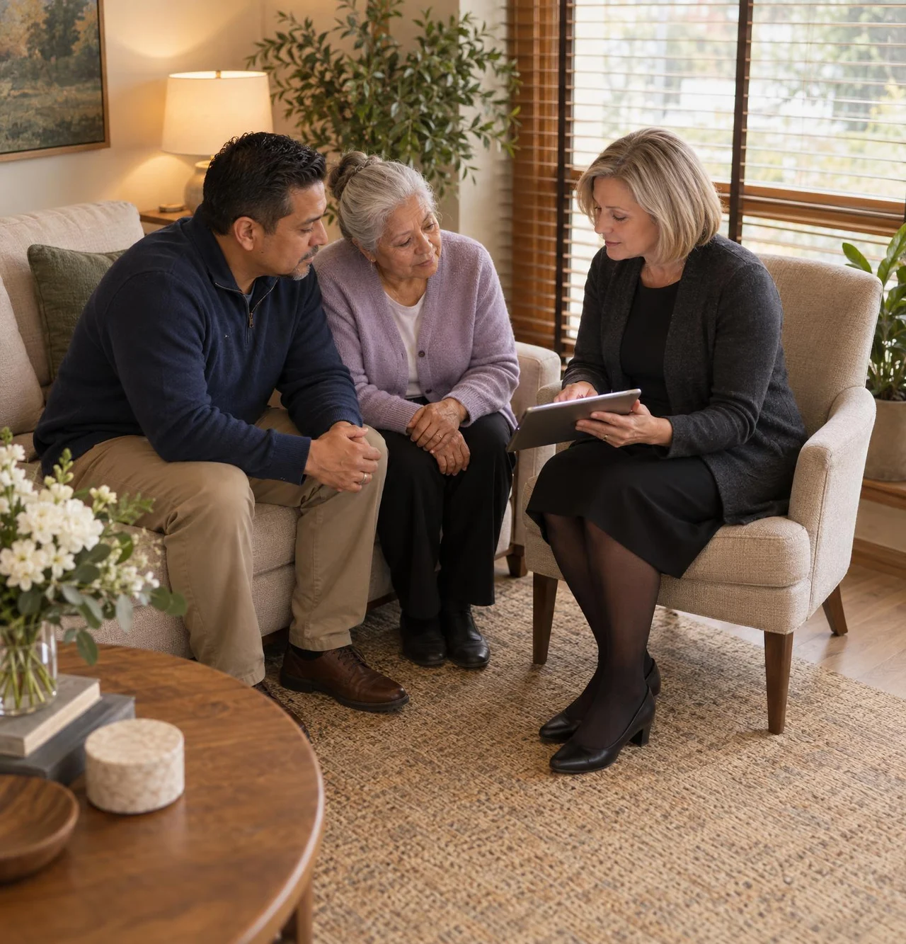 A funeral director goes over the service plan on a tablet with a son and his mother in a warm arrangement room.