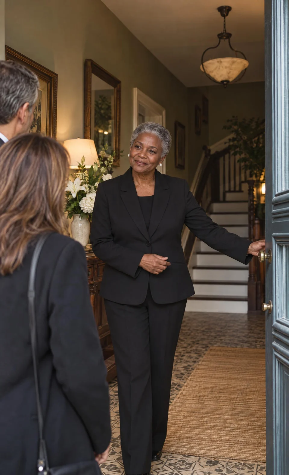 A funeral director holds the front door open to welcome a family